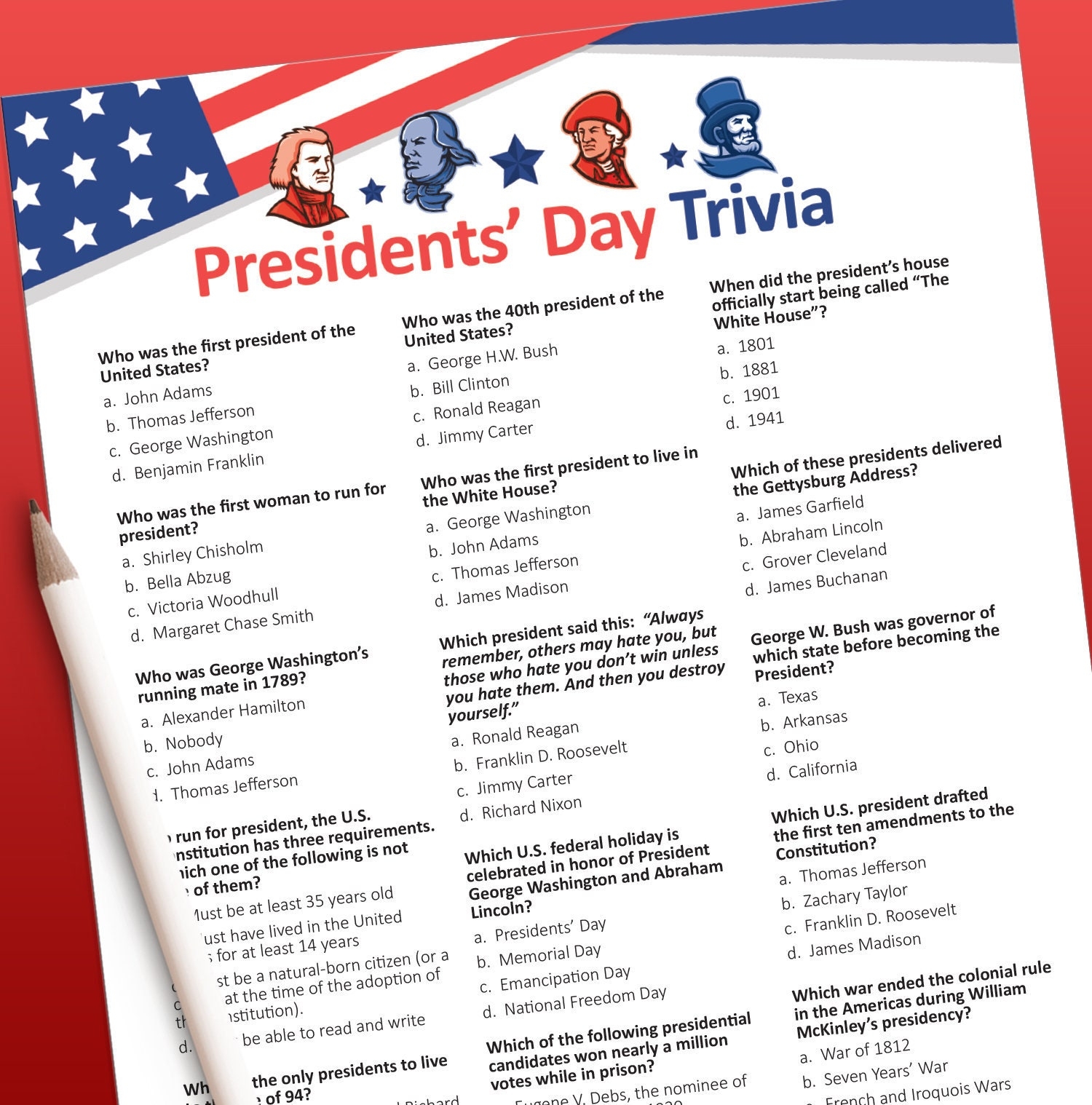Presidents Day Trivia Game Presidents Day Game US Presidents Game Printable Games Adult Party Games Presidential Learning Game Etsy