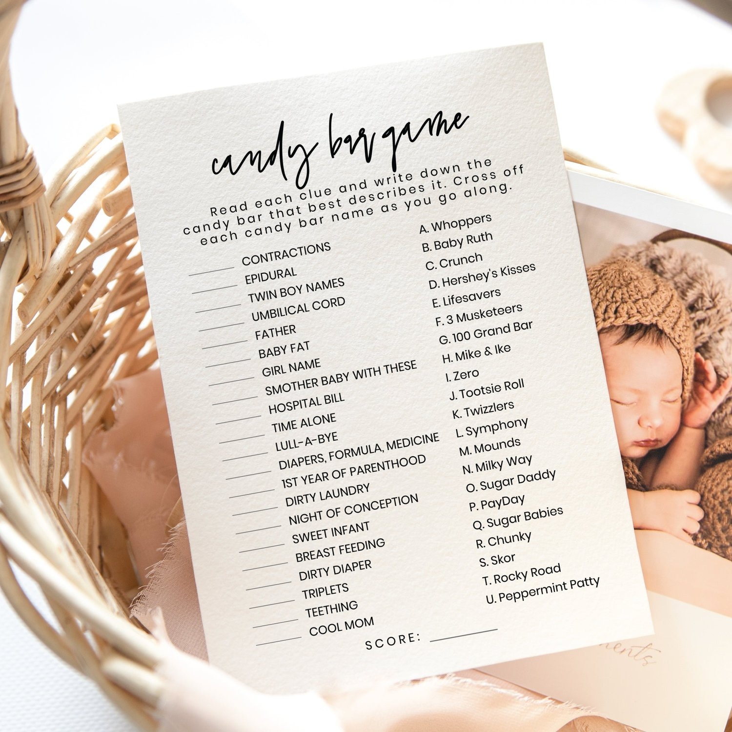 Printable Baby Shower Candy Bar Game Minimalist Theme