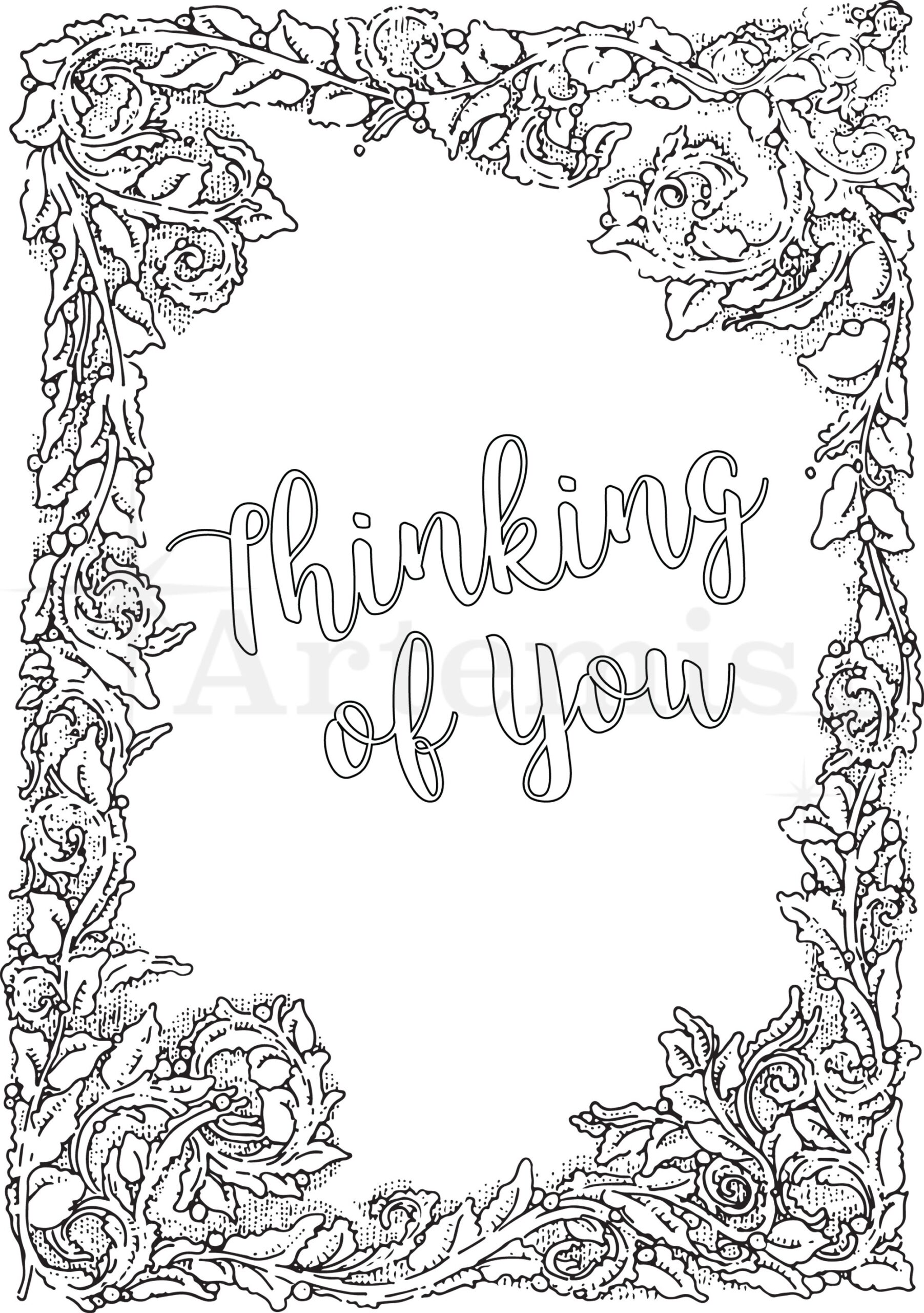 Printable Coloring Thinking Of You Card Make Your Own Cards At Home Instant Download DIY Card Floral Border Design Etsy