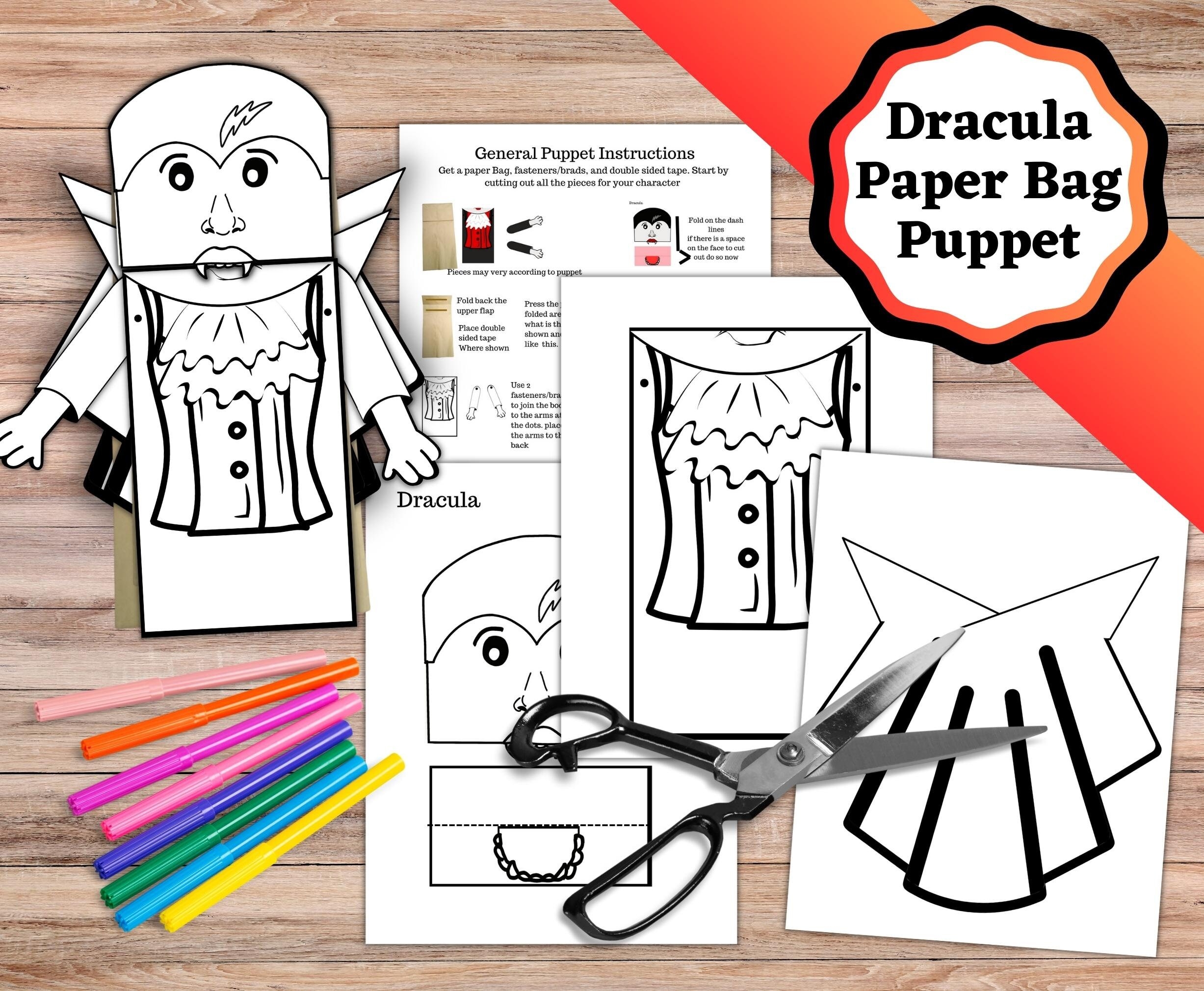 Printable Dracula Paper Bag Puppet Paper Bag Puppet Cut Out For Dracula In Both A Colored And Colorable Version Etsy