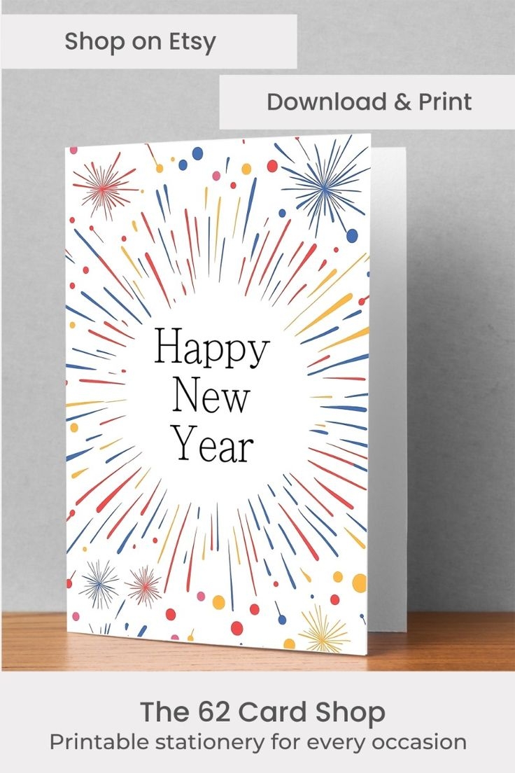 Printable Happy New Year Card For 2025 Celebrate With A Simple Burst Of Fireworks