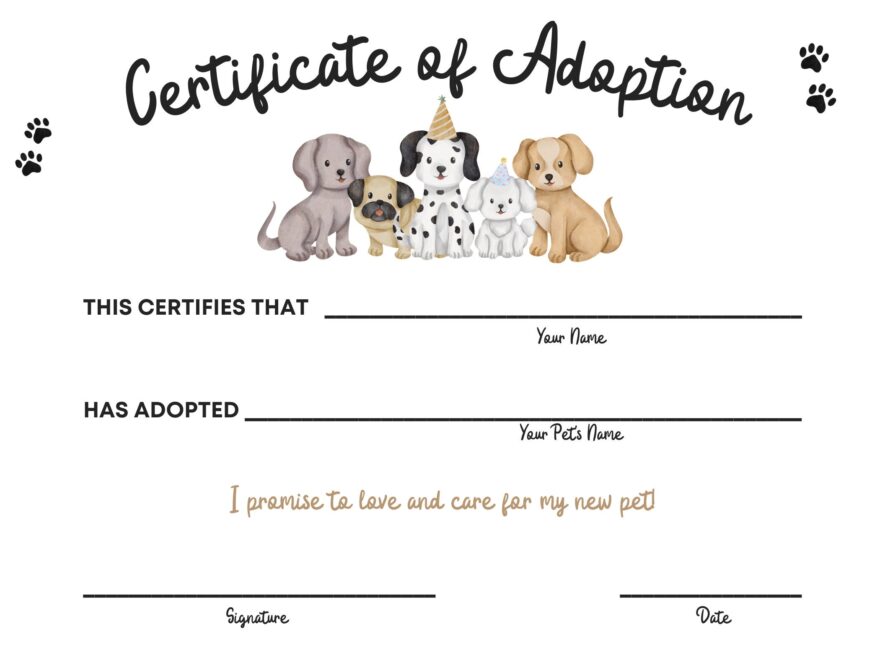 Printable Puppy Adoption Certificate Digital Download Birthday Party Certificate Adopt A Puppy Kids Party Poster Instant Download Etsy