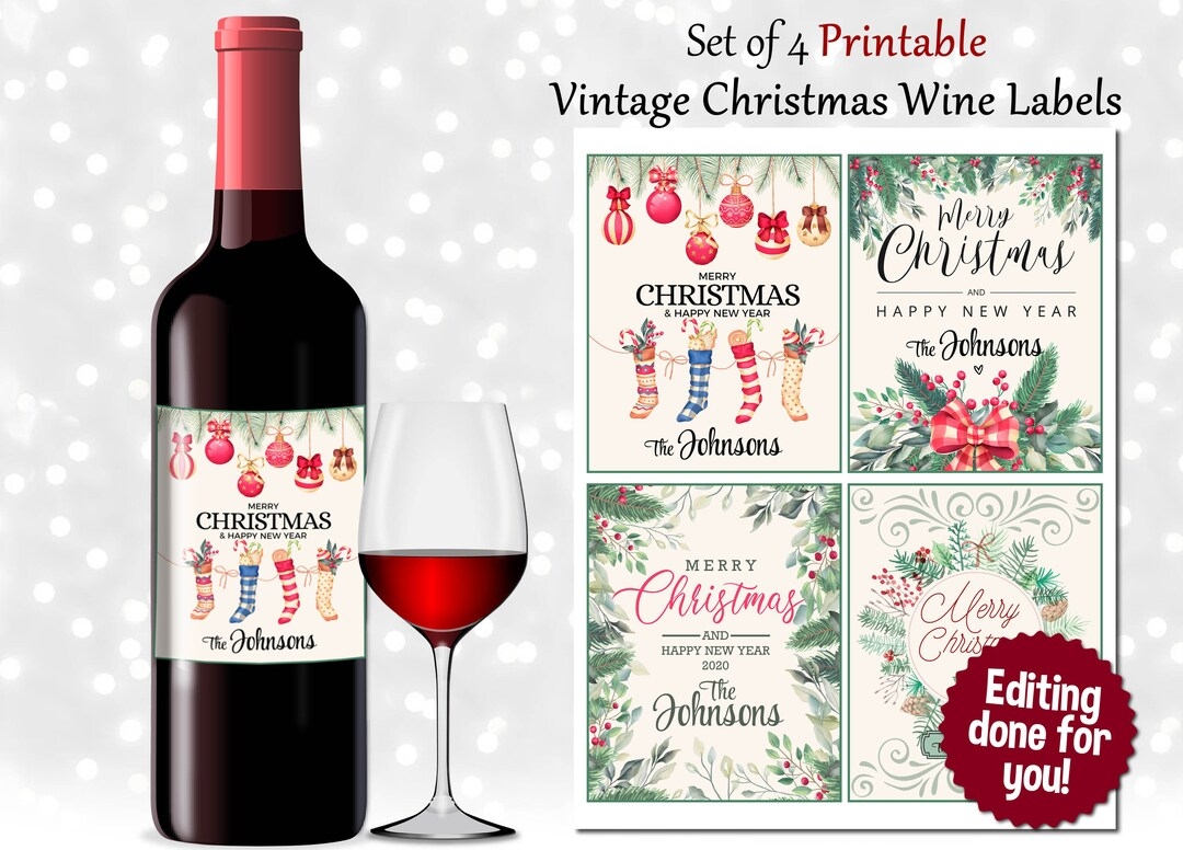 Printable Vintage Christmas Wine Bottle Labels Personalized Wine Tags Set Of 4 4 X 5 DIGITAL DOWNLOAD Etsy