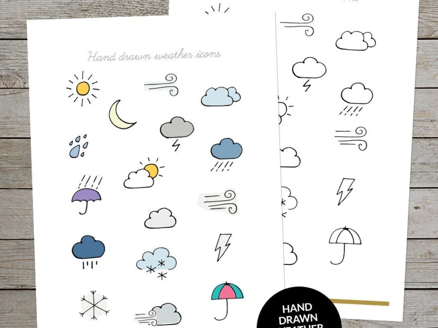 Printable Weather Icons Weather Planner Stickers Journal Weather Doodles Hand Drawn Weather Symbols Etsy