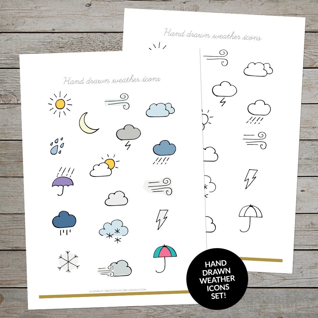 Printable Weather Icons Weather Planner Stickers Journal Weather Doodles Hand Drawn Weather Symbols Etsy
