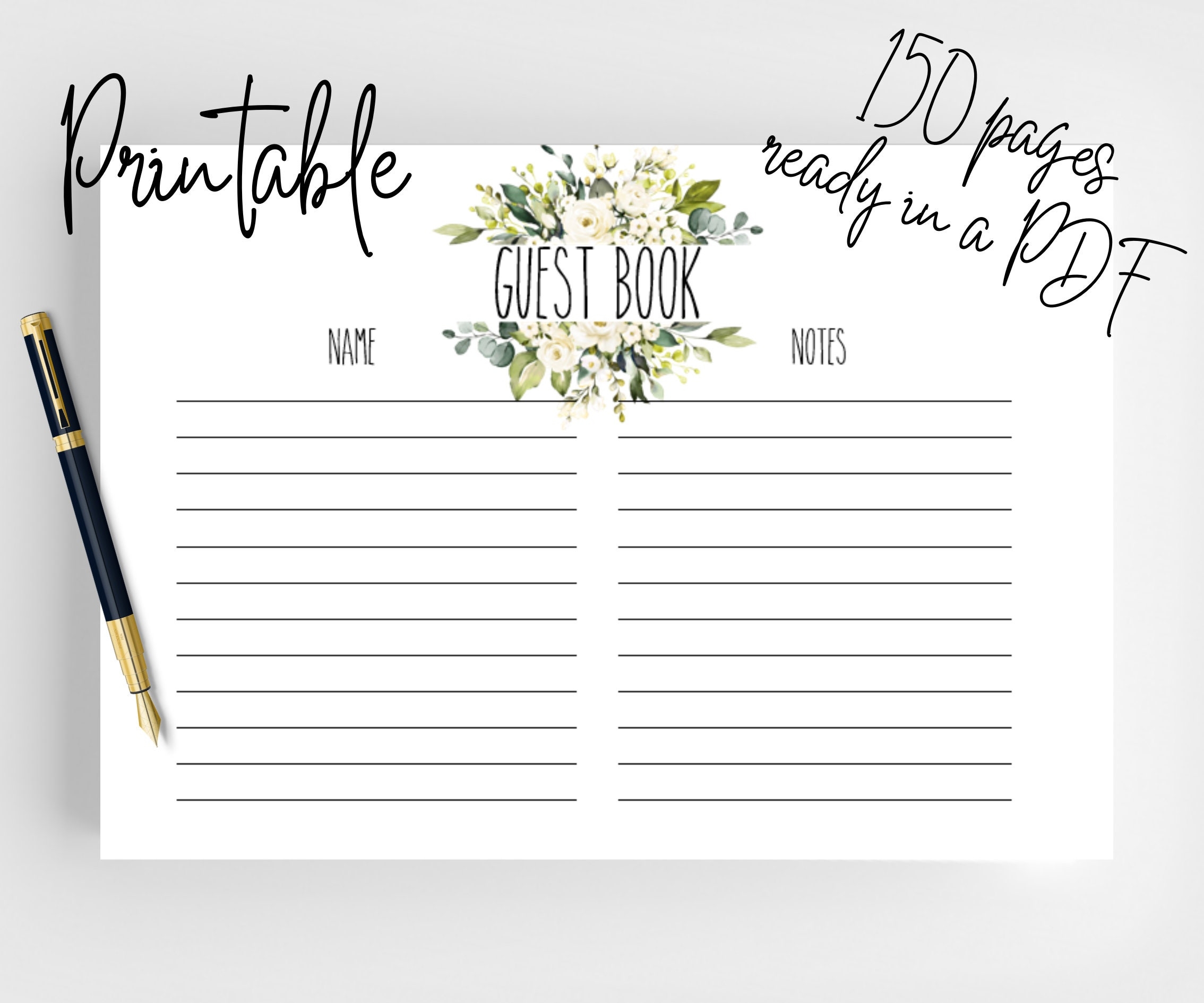 Printable Wedding Guest Book Pages wedding Guest Book guest Book Printable Template instant Download pdf File white Flowers white Wedding Etsy