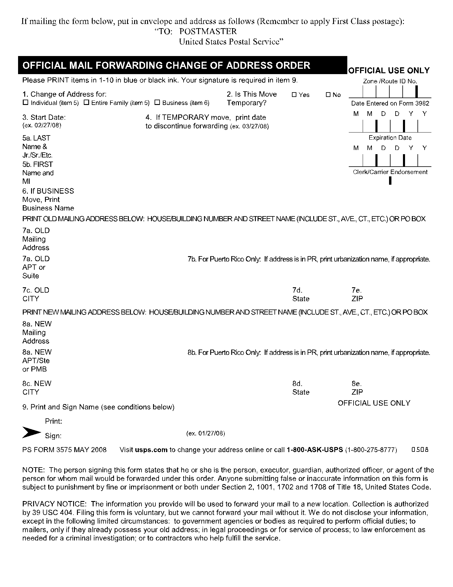 PS Form 3575 Fillable Printable USPS Change Of Address Form