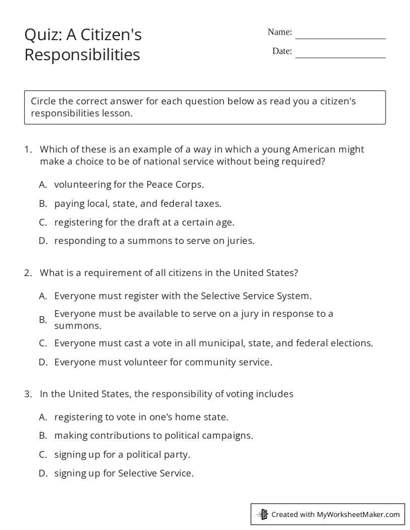 Quiz A Citizen s Responsibilities My Worksheet Maker Create Your Own Worksheets