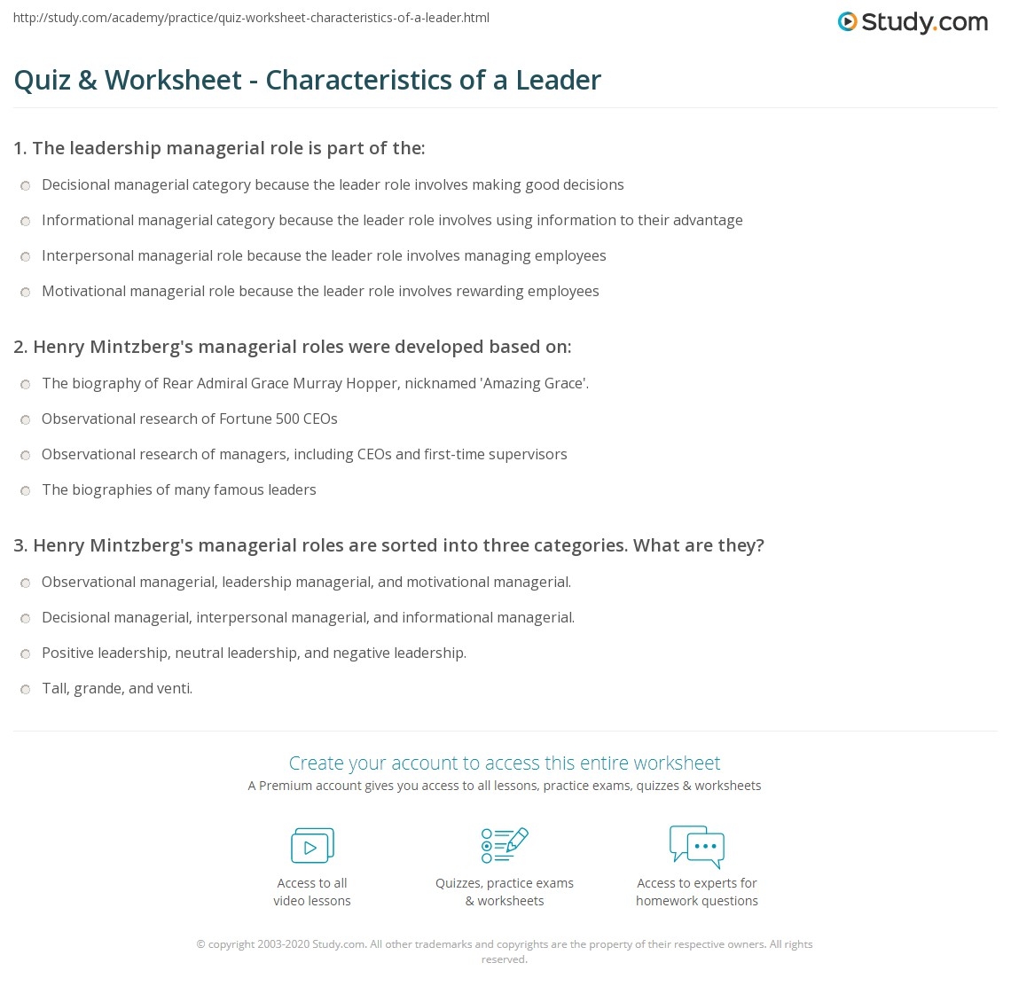 Quiz Worksheet Characteristics Of A Leader Study