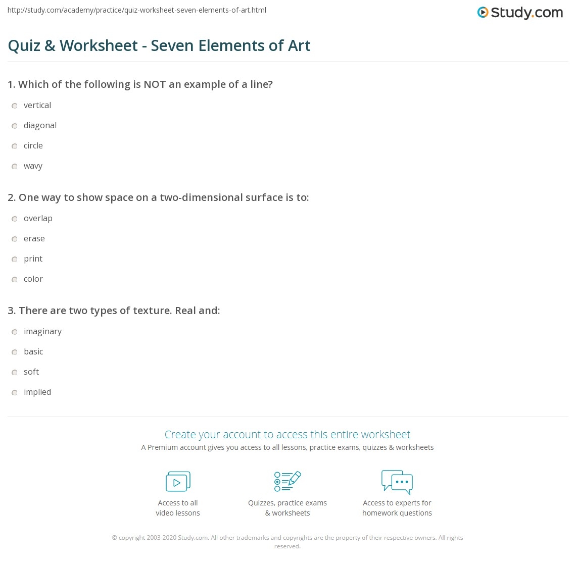 Quiz Worksheet Seven Elements Of Art Study