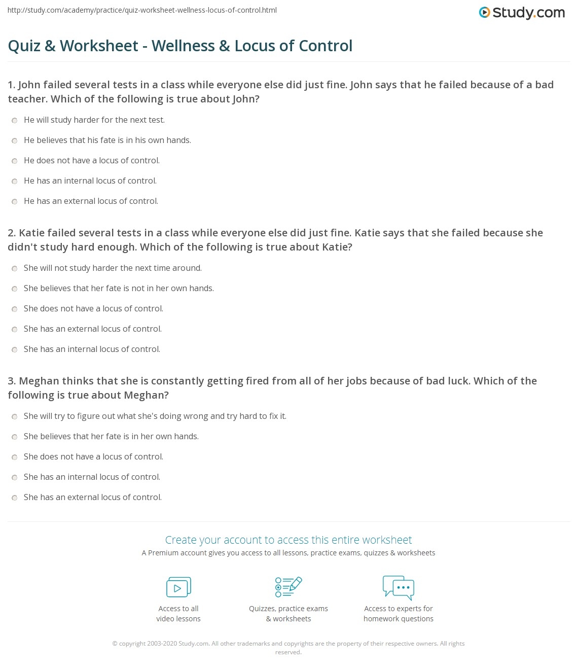 Quiz Worksheet Wellness Locus Of Control Study