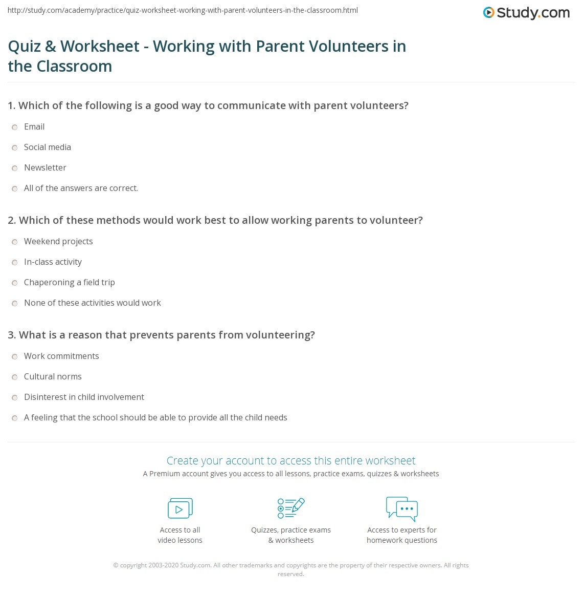 Quiz Worksheet Working With Parent Volunteers In The Classroom Study