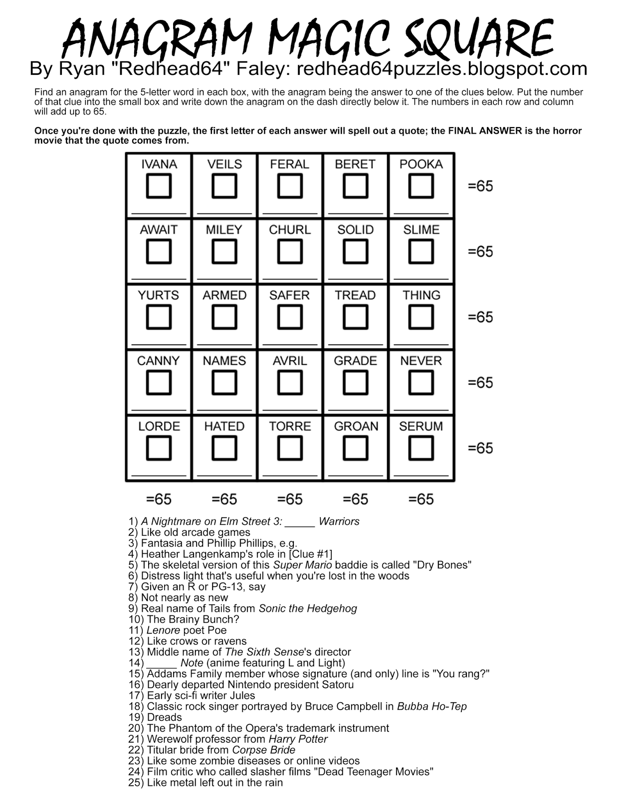 Redhead64 s Obscure Puzzle Blog HALLOWEEN MONTH PUZZLE 45 Anagram Magic Square