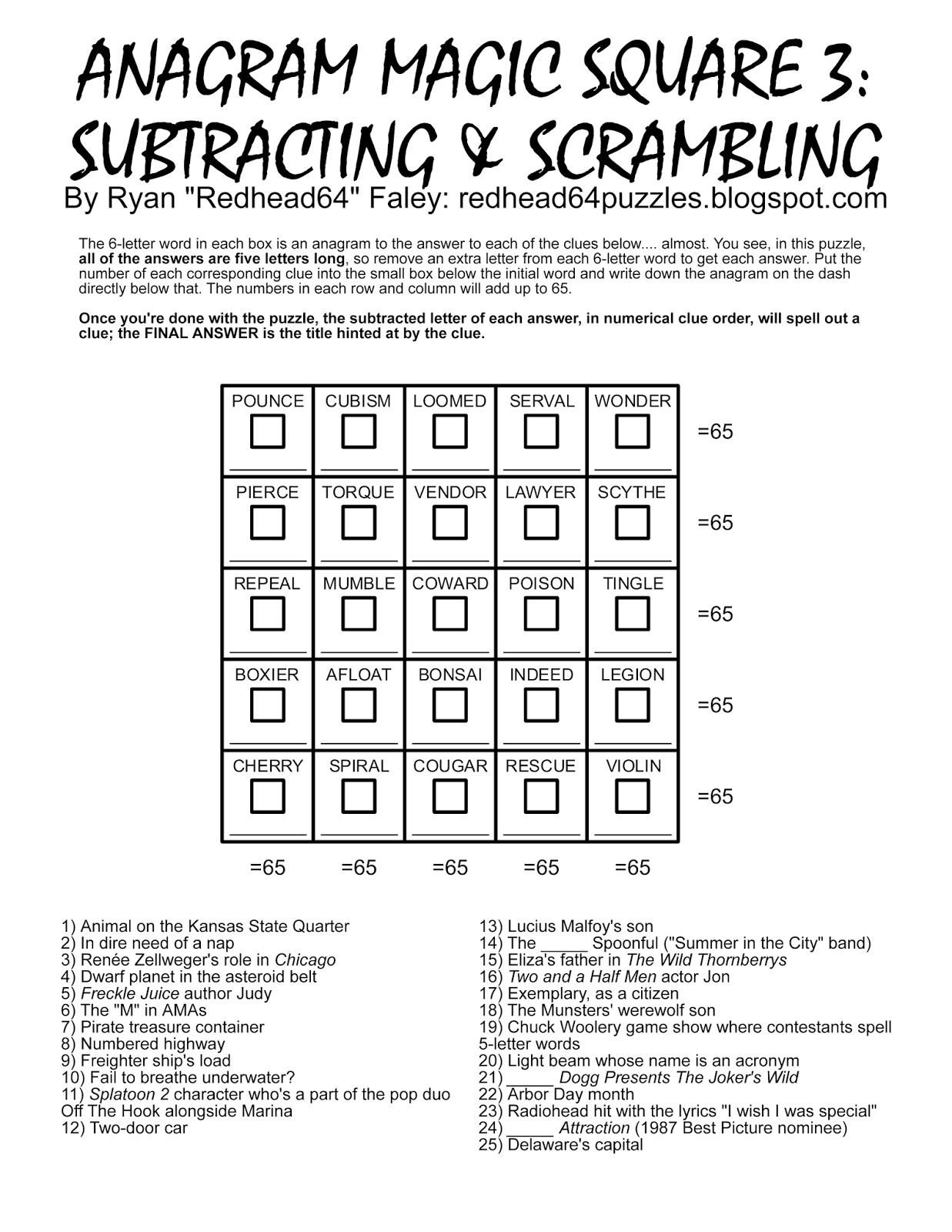 Redhead64 s Obscure Puzzle Blog PUZZLE 166 Anagram Magic Square 3 Subtracting Scrambling