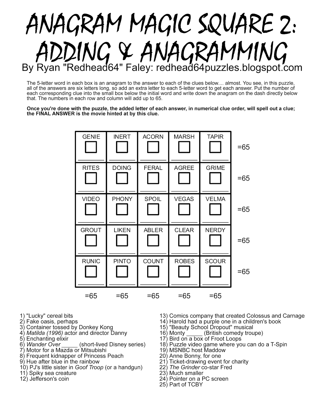 Redhead64 s Obscure Puzzle Blog PUZZLE 93 Anagram Magic Square 2 Adding Anagramming
