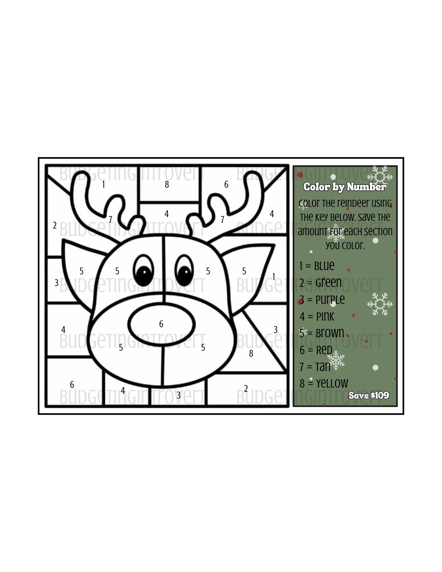 Reindeer Color By Number Savings Challenge Digital Download Etsy