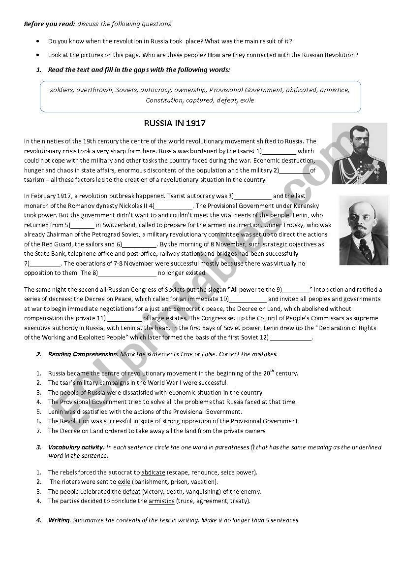 Revolution In Russia ESL Worksheet By Electrelane