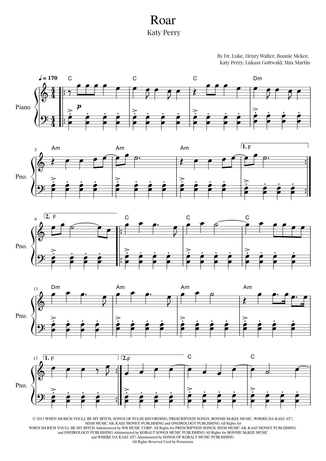 Roar arr Roger Da Luz By Katy Perry Sheet Music For Easy Piano At Sheet Music Direct