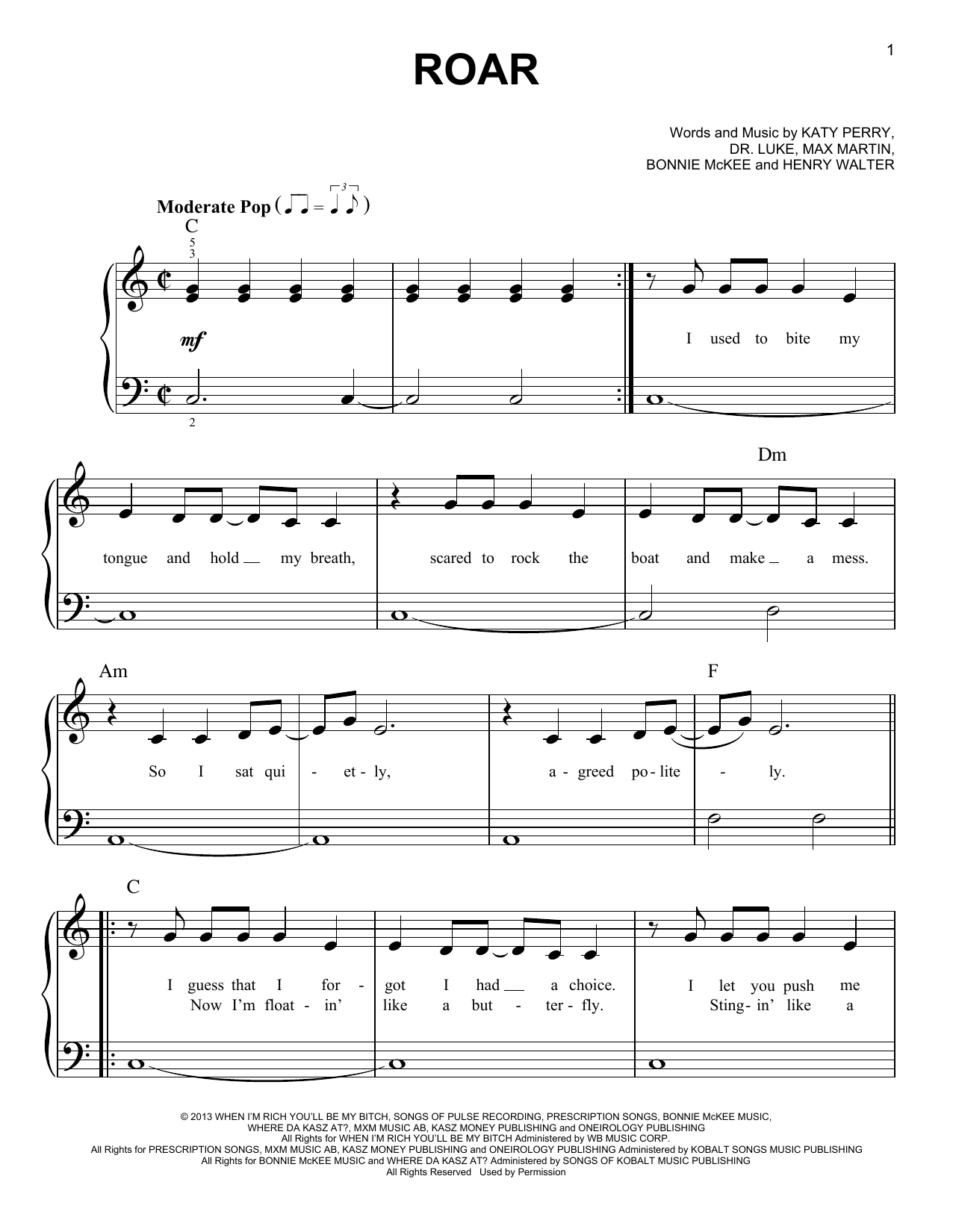 Roar By Katy Perry Sheet Music For Easy Piano At Sheet Music Direct