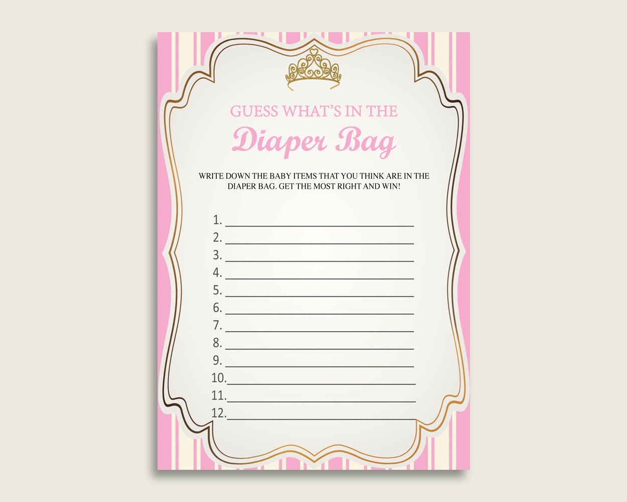 Royal Princess Guess What s In The Diaper Bag Game Girl Baby Shower Pink Gold Diaper Game Printable Instant Download Queen Heiress Rp002 Etsy