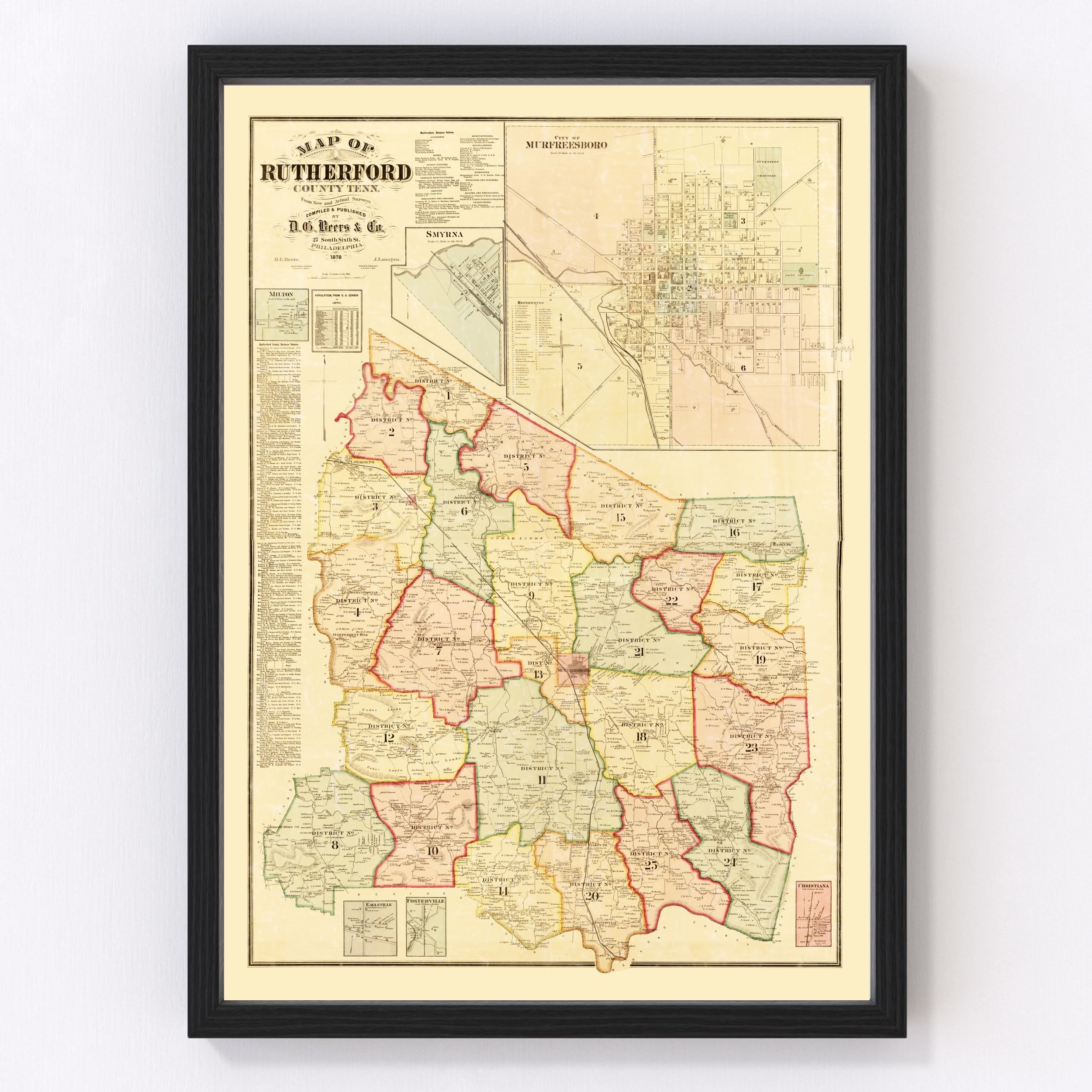 Rutherford County Tennessee Map 1878 Old Map Of Rutherford County Tennessee Art Vintage Print Framed Canvas Portrait History Genealogy Etsy