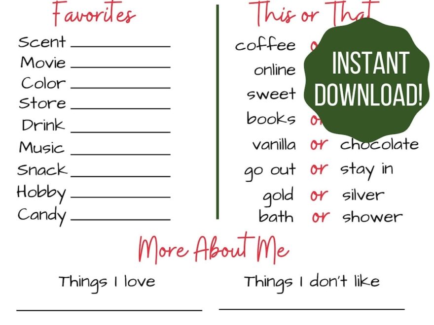 Secret Santa Questionnaire Secret Santa Form Christmas Printable Etsy