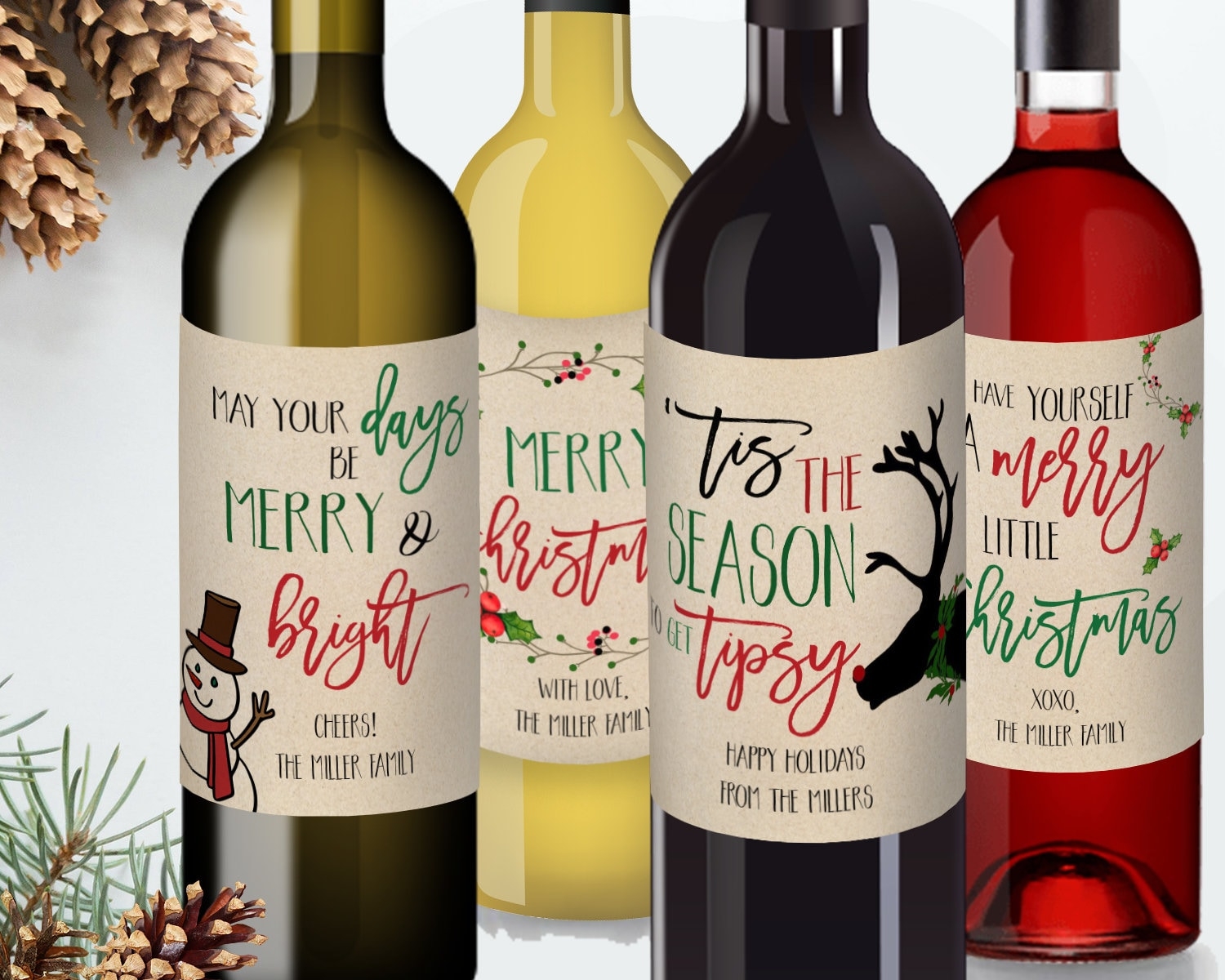 Set Of 4 Christmas Wine Labels Template Personalized Christmas Wine Labels Editable Wine Label Christmas Card Alternative Christmas Gift DIY Etsy