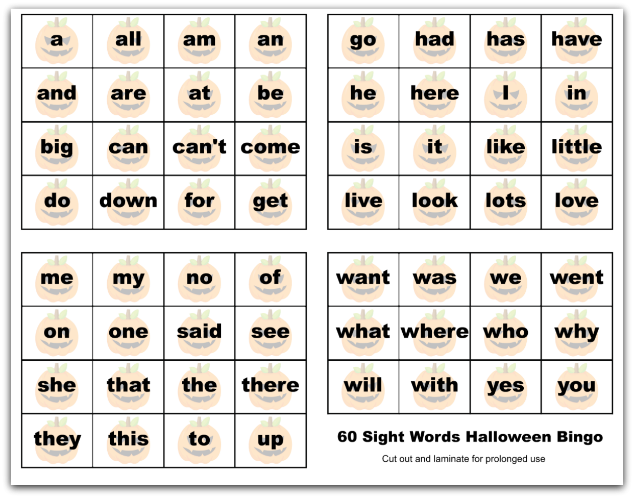 Sight Words Halloween Bingo Printable Package ExtremeCouponingMom