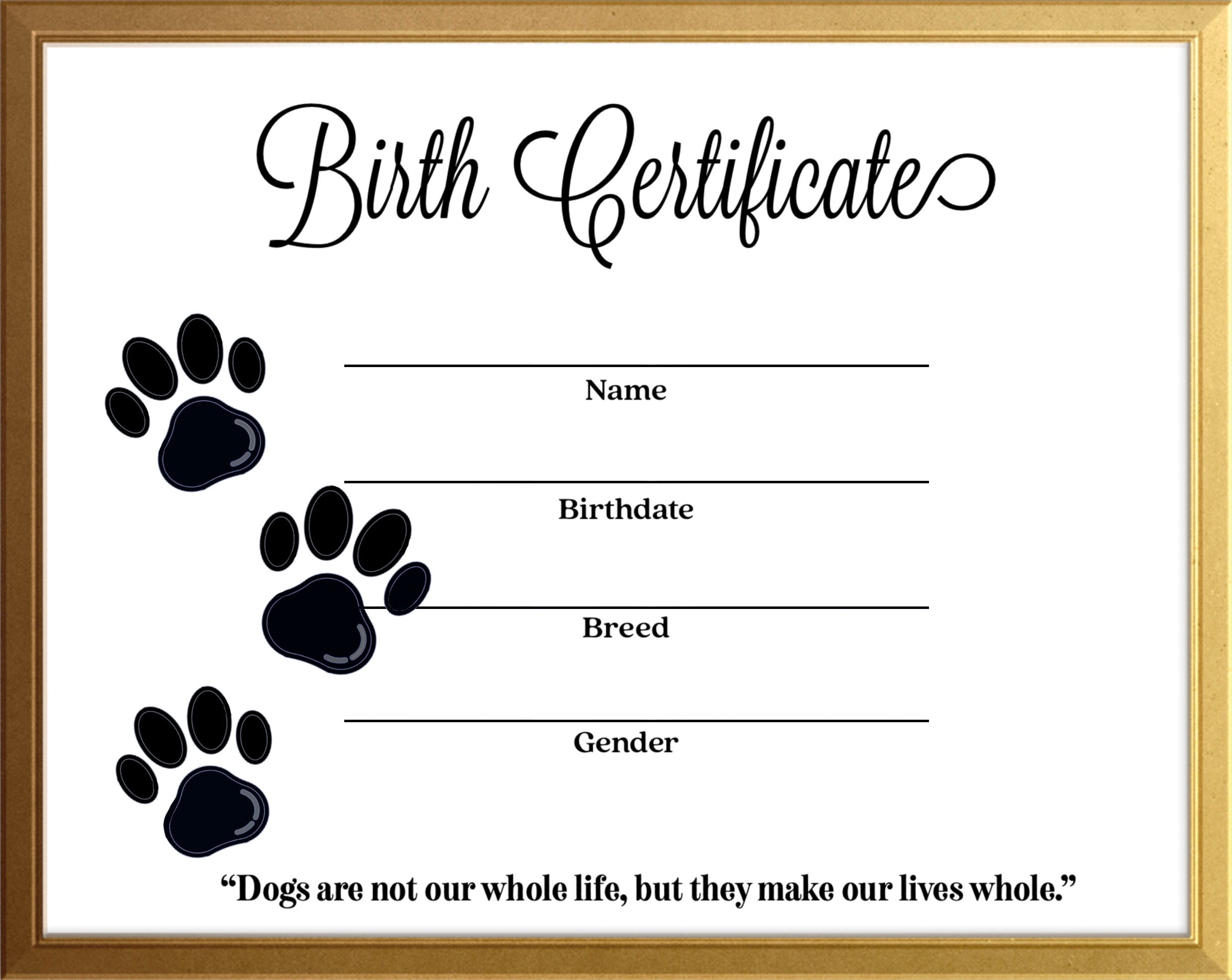 Simple Dog Canine Birth Certificate Instant Download Printable Template Gold Frame Breeder Resource Etsy