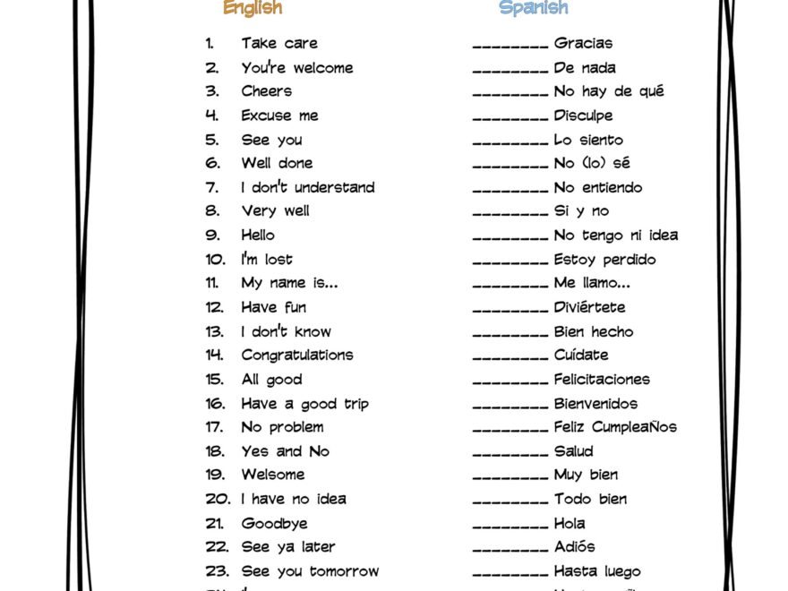 Spanish Common Phrases Vocabulary Matching Worksheet Answer Key Made By Teachers