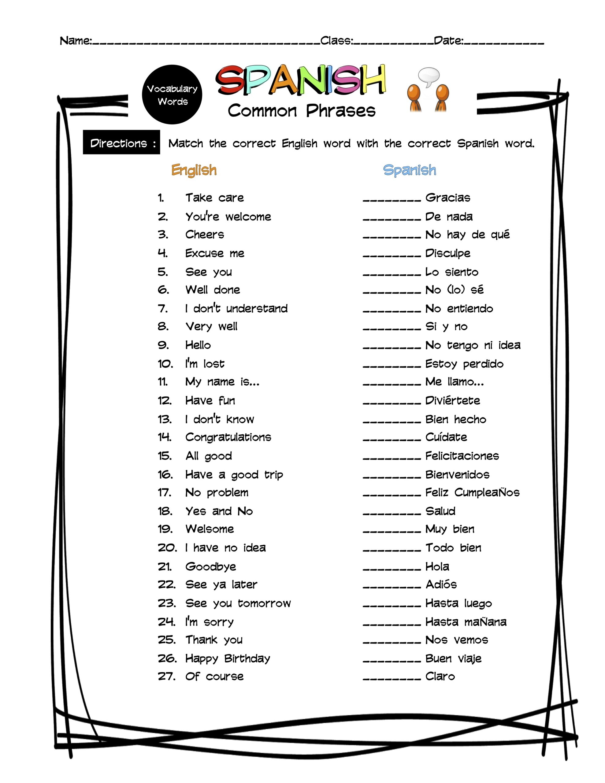 Spanish Common Phrases Vocabulary Matching Worksheet Answer Key Made By Teachers