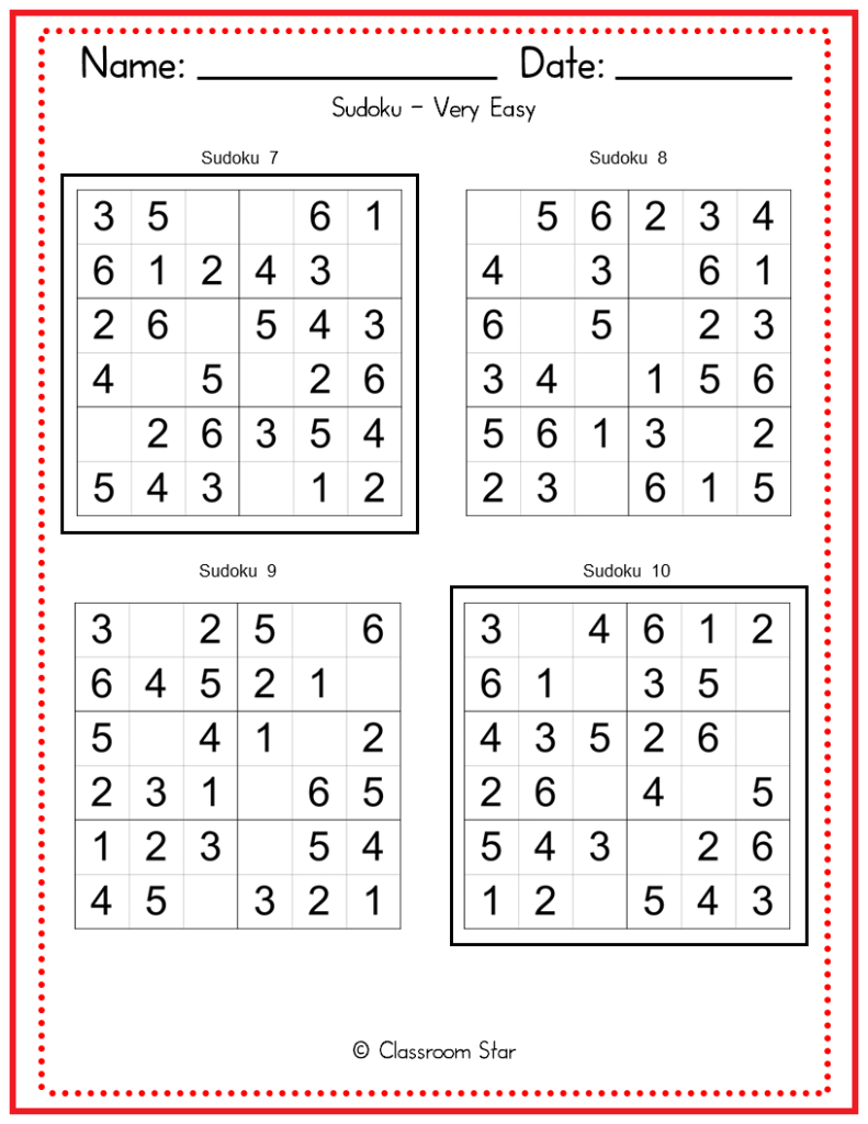 Sudoku 6x6 Very Easy Puzzles Classroom Star Worksheets