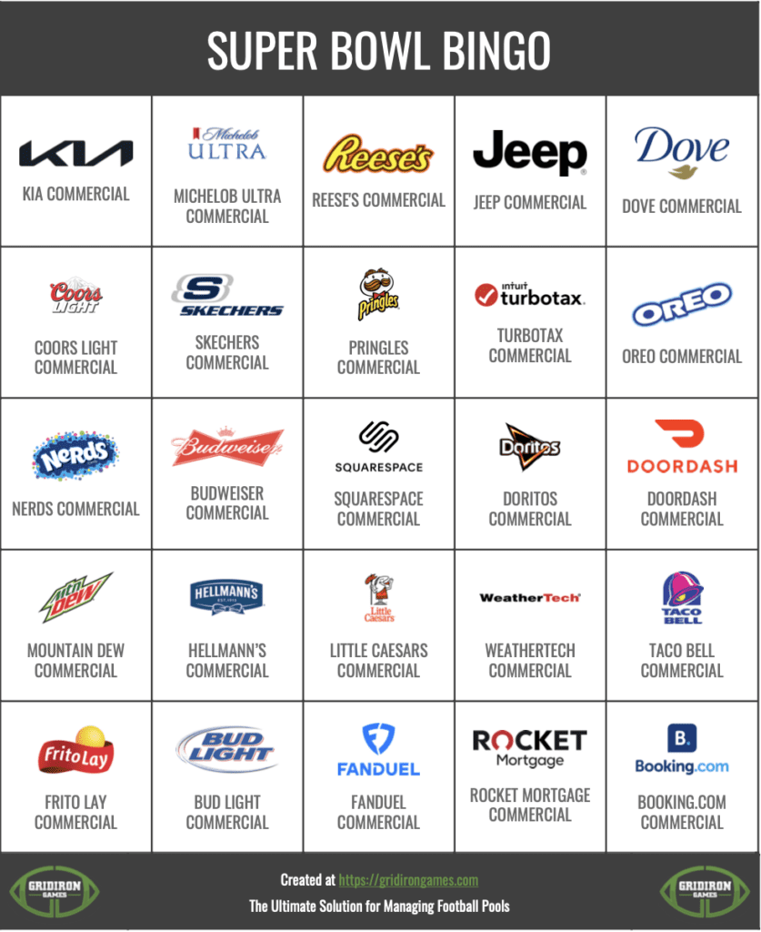 Super Bowl Bingo 2025 Free Printable Cards Commercial Bingo