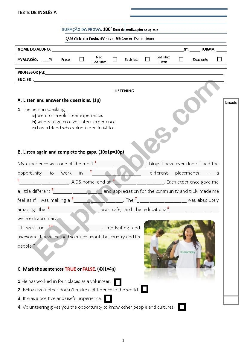 Test 9th Grade Volunteering Test A ESL Worksheet By Digorita