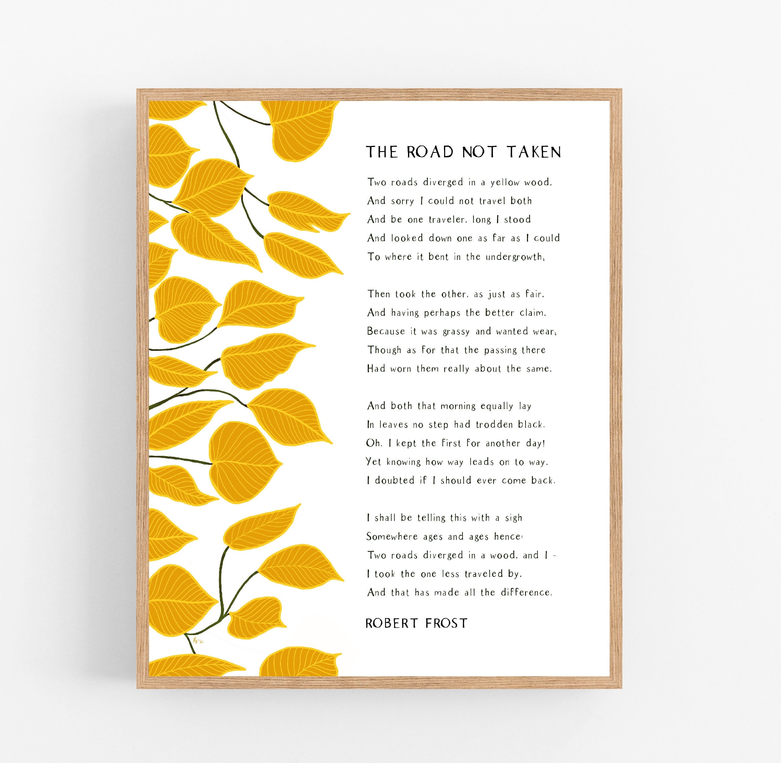 The Road Not Taken Robert Frost Printable Digital Download Poetry Botanical Print Inspirational Quote Frost Quote Yellow Etsy