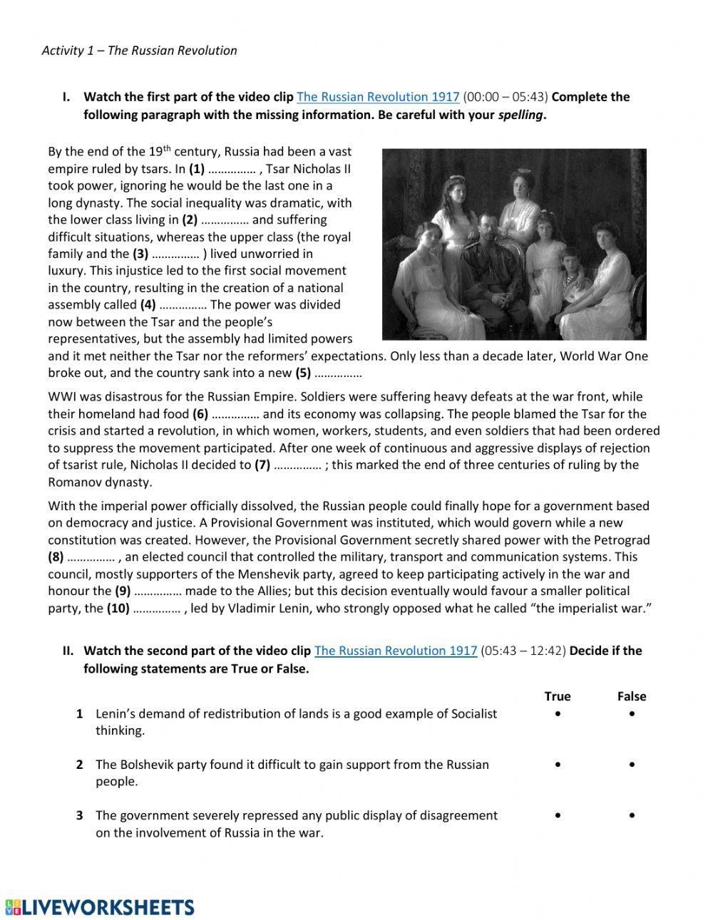 The Russian Revolution Interactive Worksheet Live Worksheets Worksheets Library