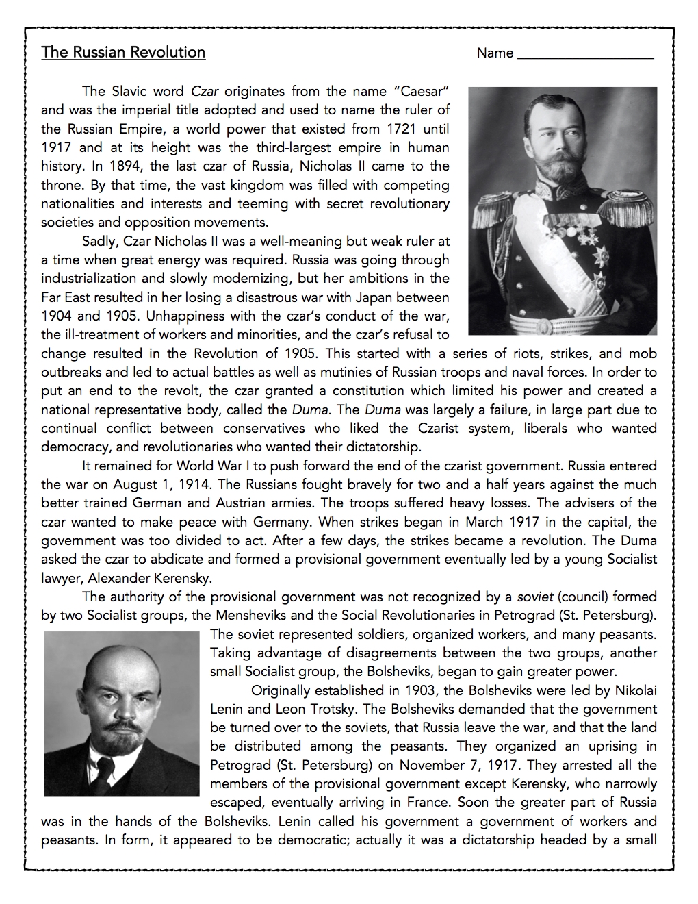 Russian Revolution Activity Worksheets Printable