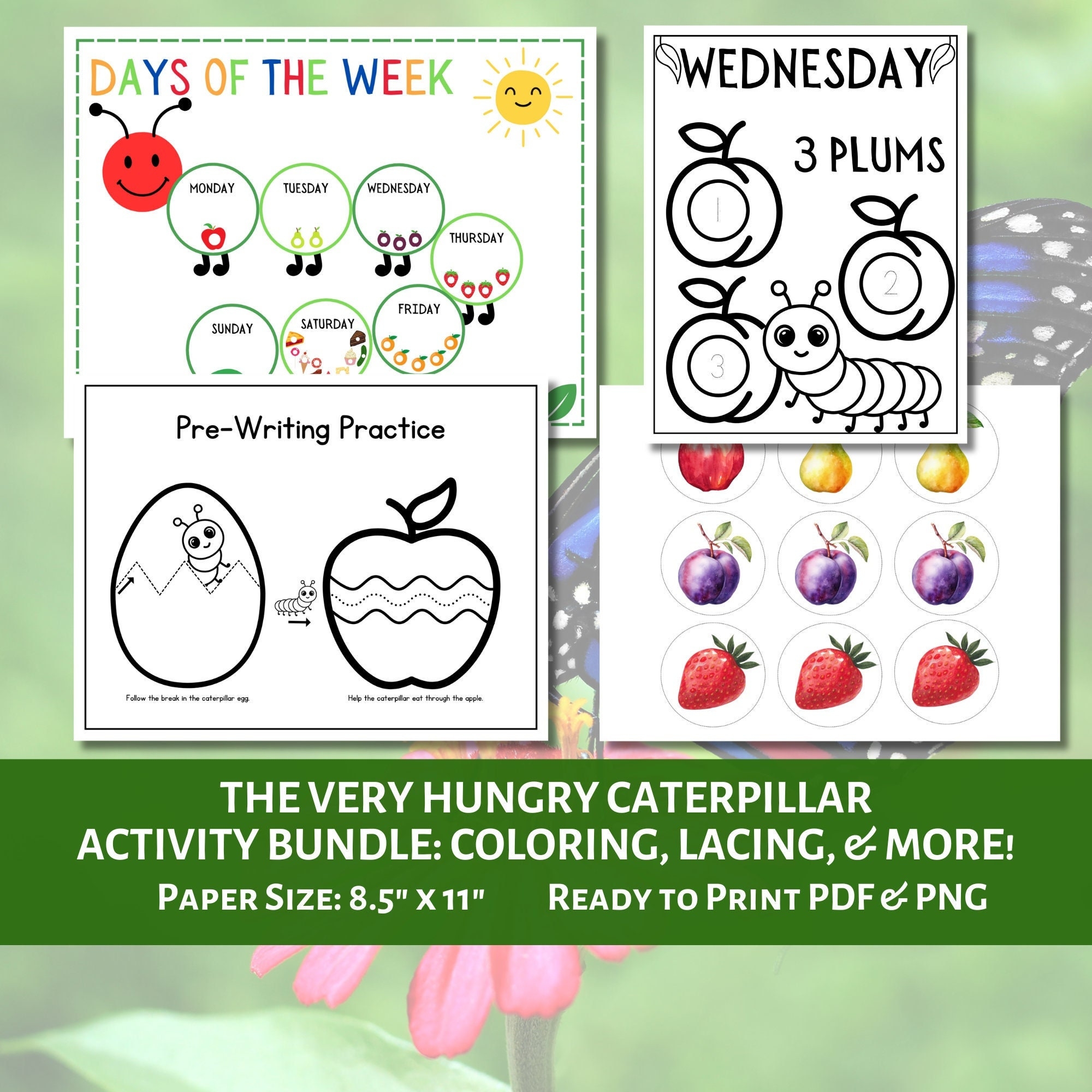 The Very Hungry Caterpillar Activity Bundle Days Of The Week Activity Lacing Cards Coloring Pages Pre writing Handprint Activity Etsy