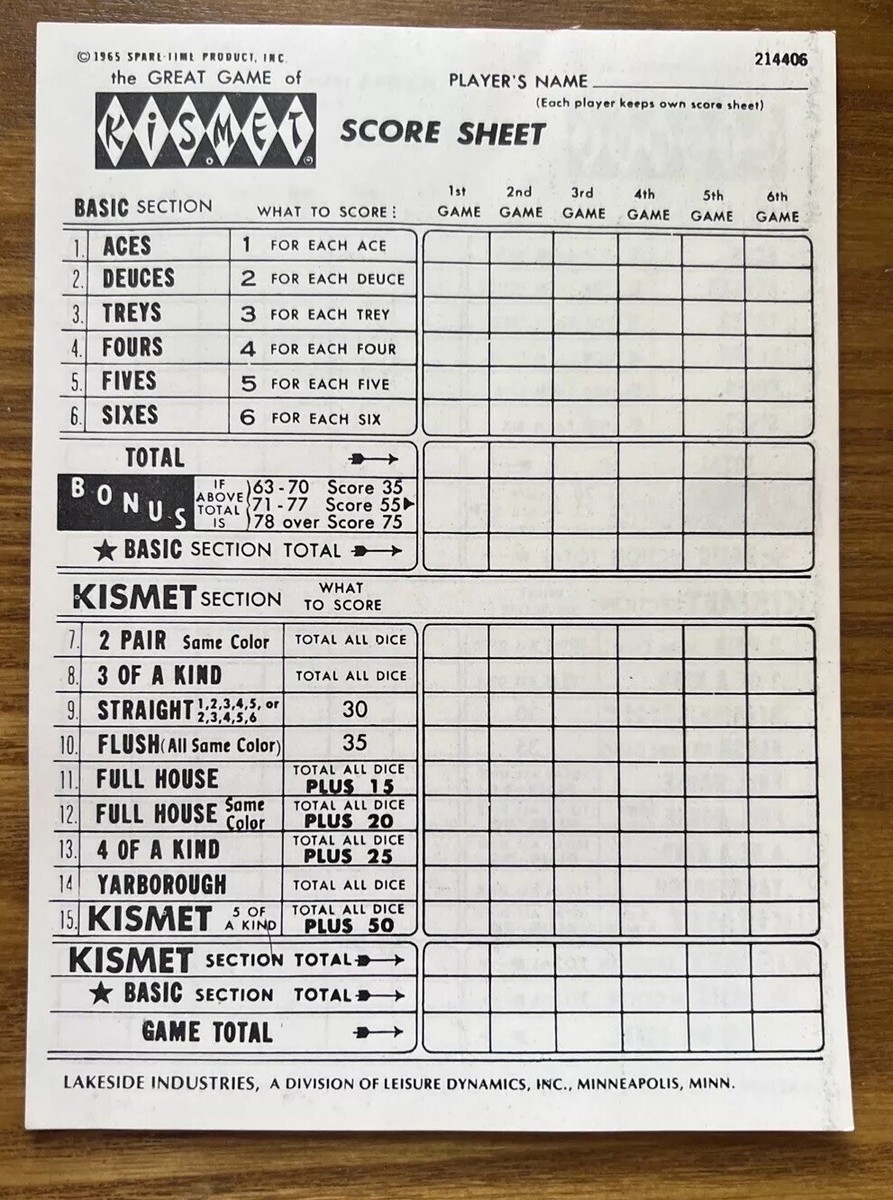Vintage Kismet Dice Game 1964 Score Cards 10 Pages Front And Back EBay