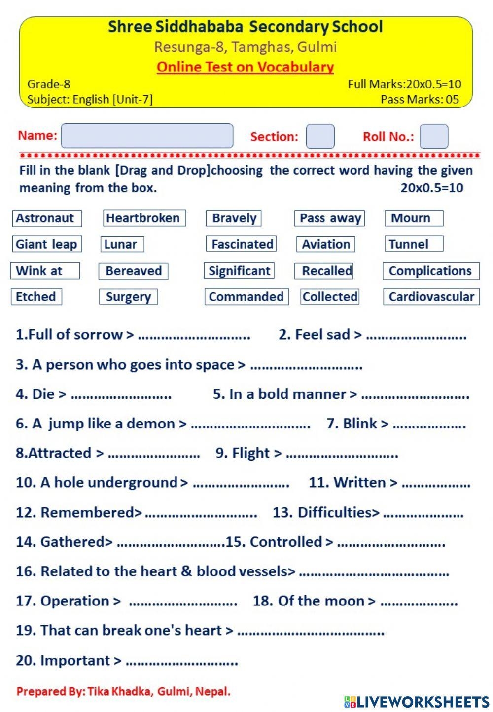 Vocabulary Of Grade 8 English Unit 7 Tikaram Khadka Worksheets Library