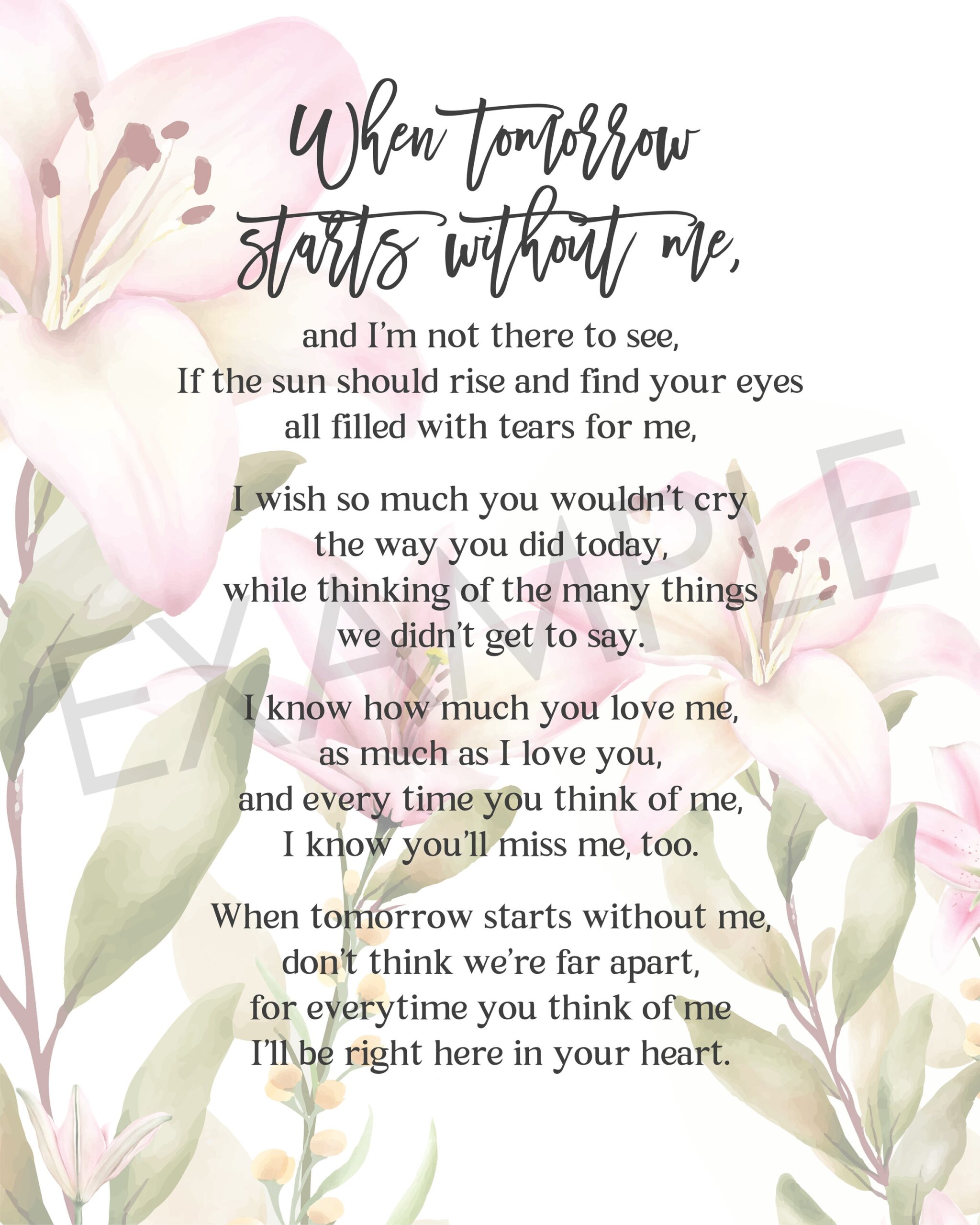 When Tomorrow Starts Without Me Funeral Poem Lost Loved One Poem Lilies Grief Mourning INSTANT DOWNLOAD Etsy