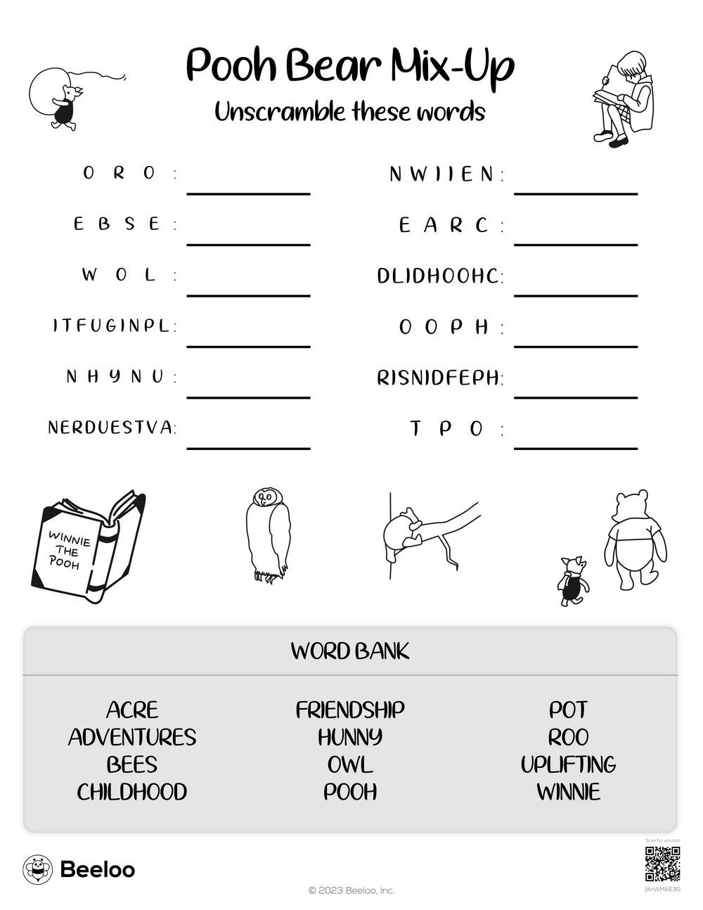 Winnie the Pooh themed Word Scrambles Beeloo Printable Crafts And Activities For Kids