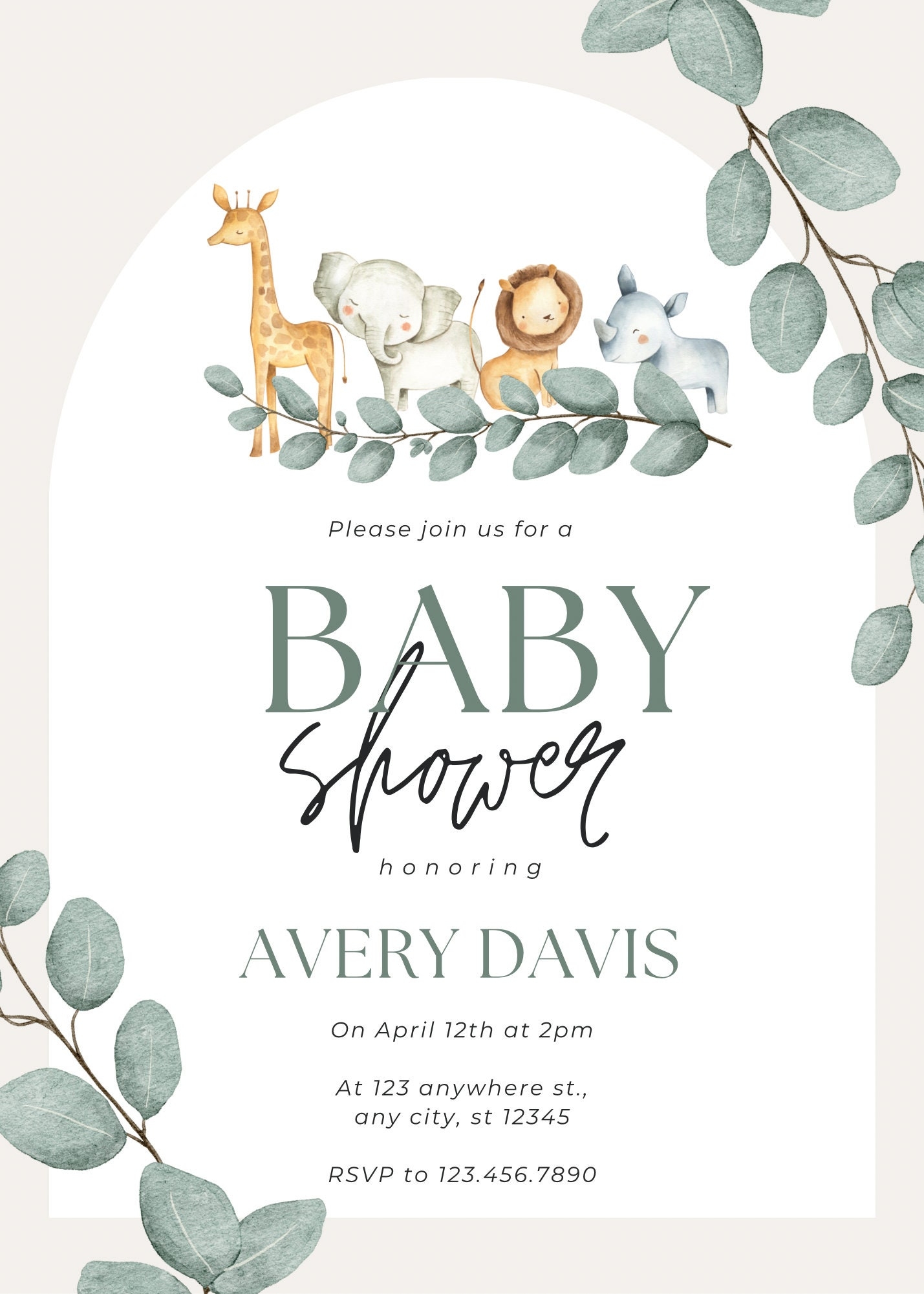 Woodland Baby Shower Invitation Template Animals Baby Printable Invite Green Calm Wild Safari Jungle Etsy