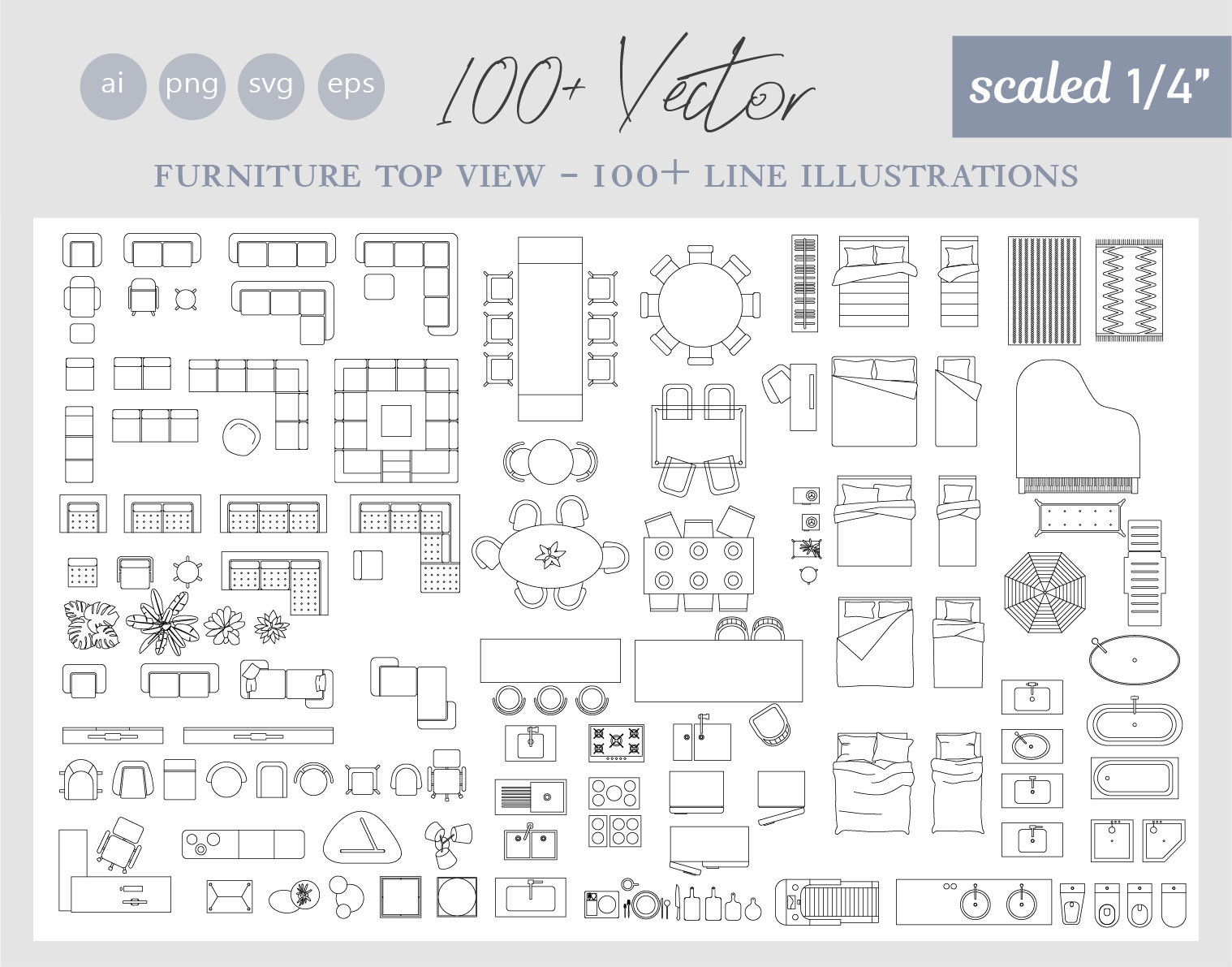 100 Scaled 1 4 Shades Of Gray Line Colorful Illustrations TOP View Furniture Elements bedroom living Room bathroom kitchen ai png svg Etsy