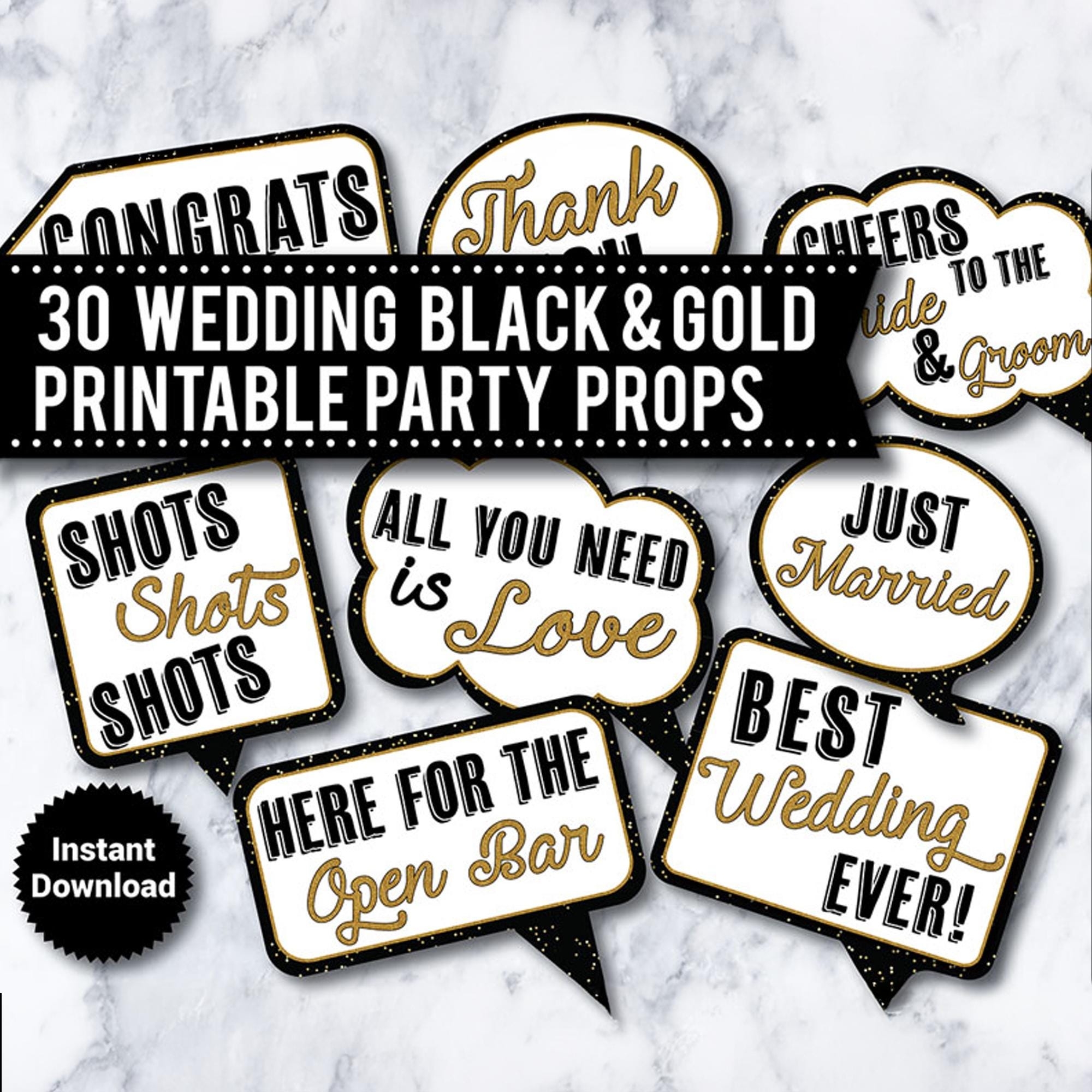 30 PRINTABLE Wedding Photo Booth Props INSTANT DOWNLOAD Black And Gold Funny Photo Booth Signs Speech Bubbles Etsy