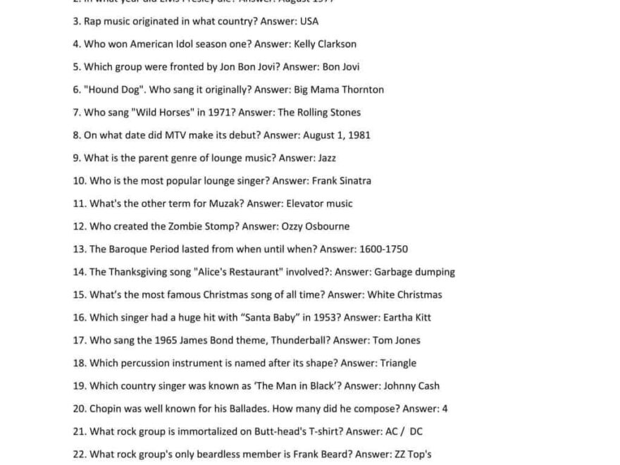 55 Music Trivia Questions Answers Easy To Hard Worksheets Library