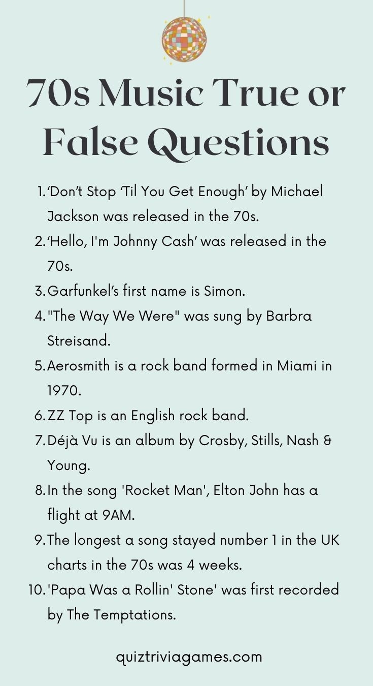 70s Music Quiz Questions And Answers True Or False Round