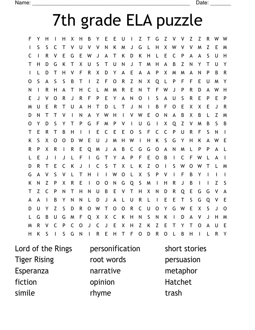 7th Grade ELA Puzzle Word Search WordMint