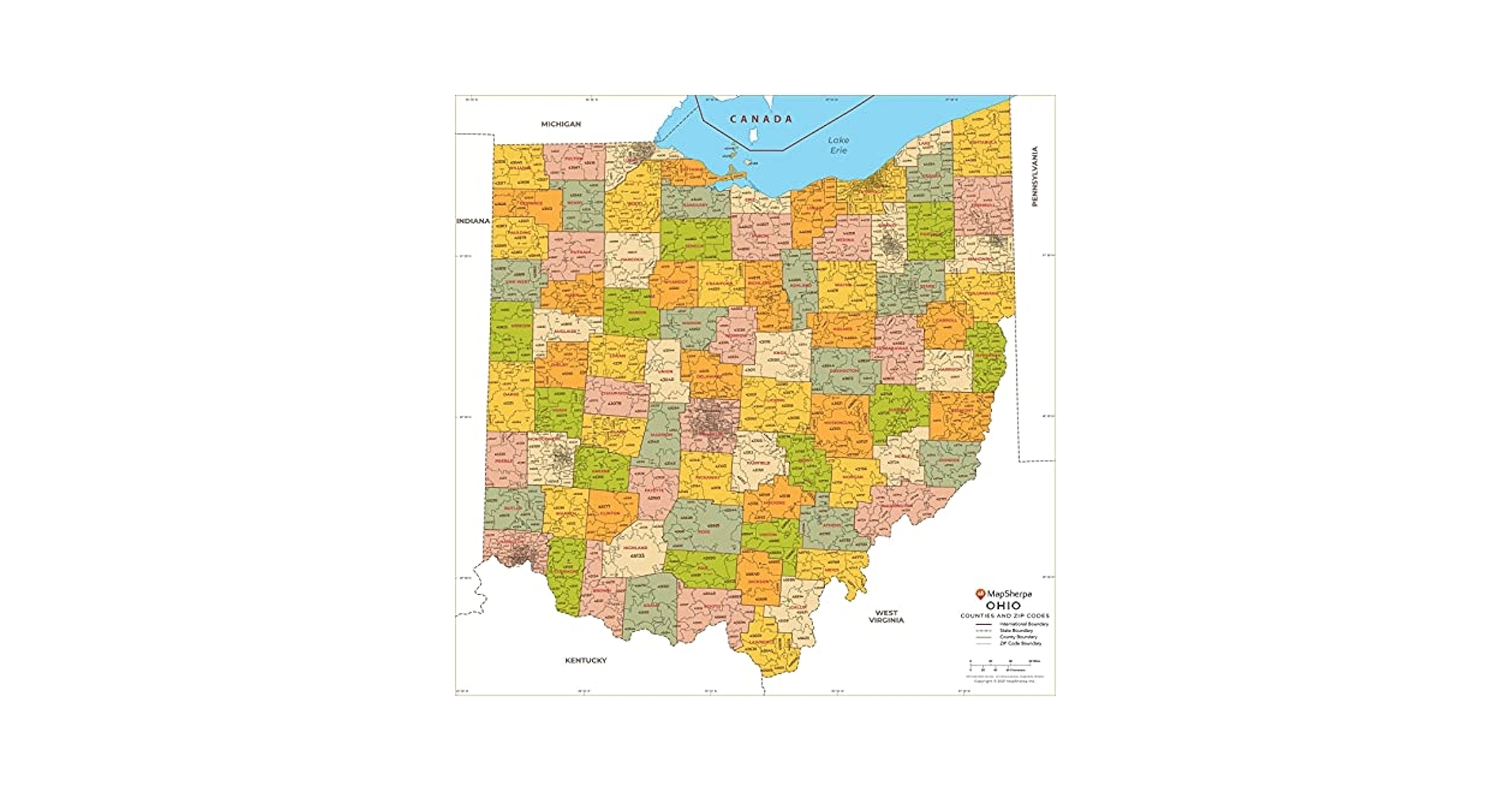 Amazon Ohio ZIP Code Map With Counties Standard 36 X 36 Rolled Canvas Office Products