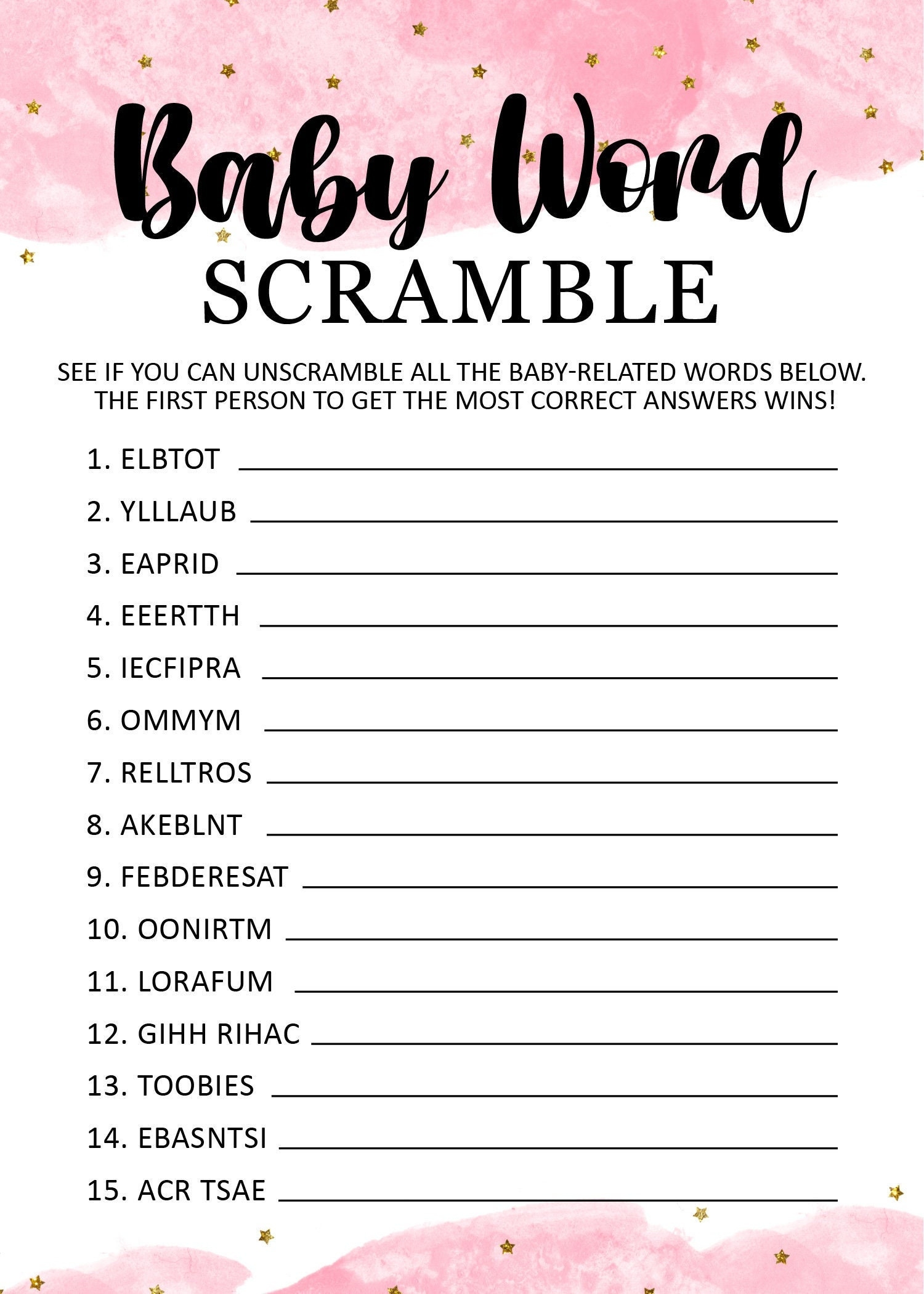 Baby Shower Word Scramble Baby Shower Game Printable Word Scramble Baby Girl Shower Printable Fun Baby Shower Game Baby Shower Games Etsy
